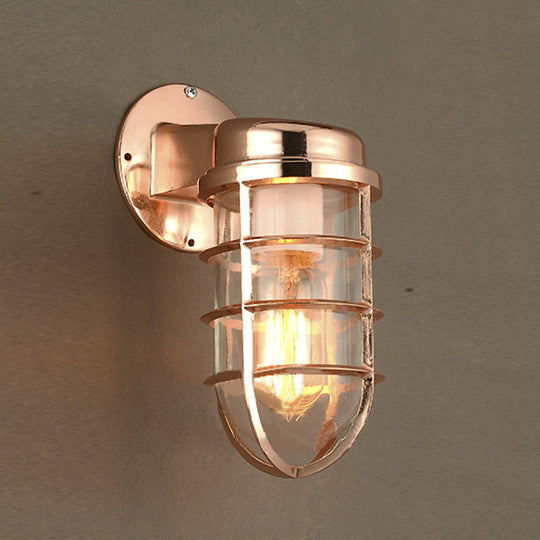 Coastal Caged Wall Lighting Fixture - Clear Glass Sconce Light for Kitchen - Brass/Copper/Chrome Finish