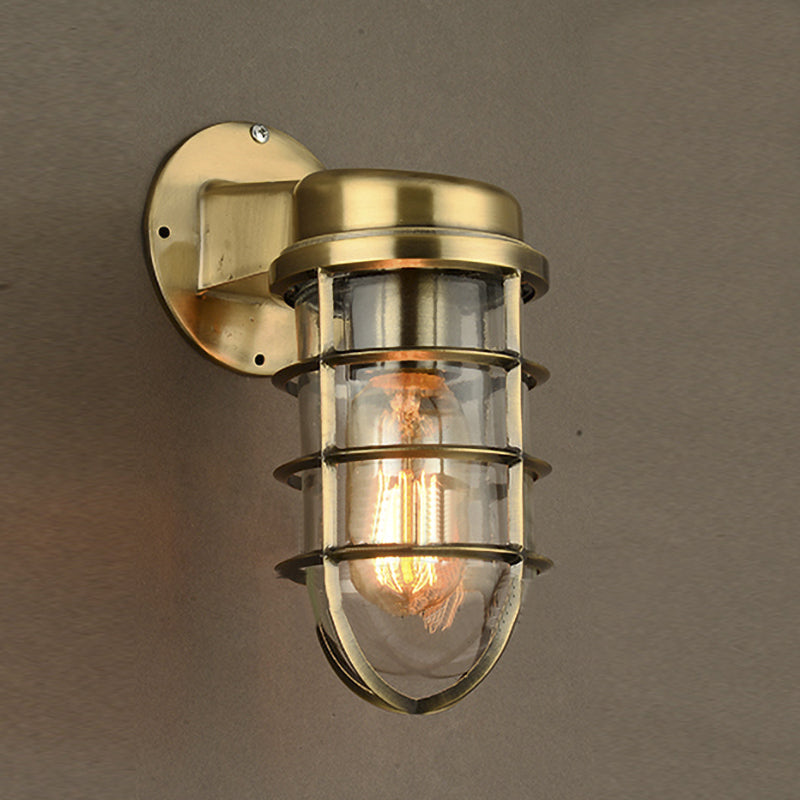 Coastal Caged Wall Lighting Fixture - Clear Glass Sconce Light for Kitchen - Brass/Copper/Chrome Finish