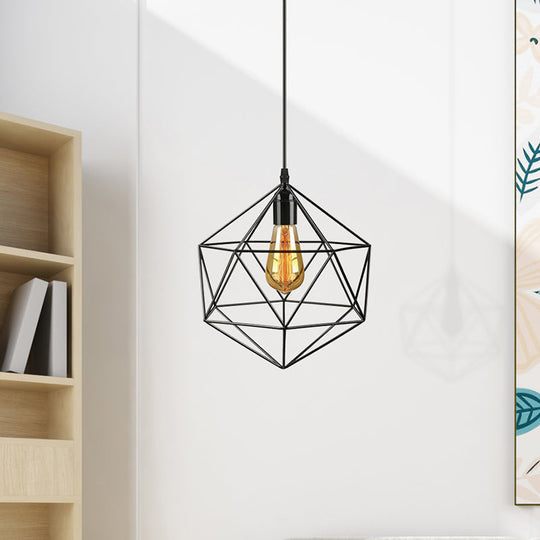 Geometric Metal Pendant Light - Industrial Living Room Hanging Light in Black/White - 3 Sizes Available