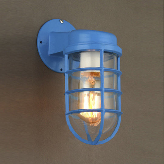 Coastal Red/Blue Metal Caged Wall Mounted Light Fixture with Clear Glass - Outdoor Lighting