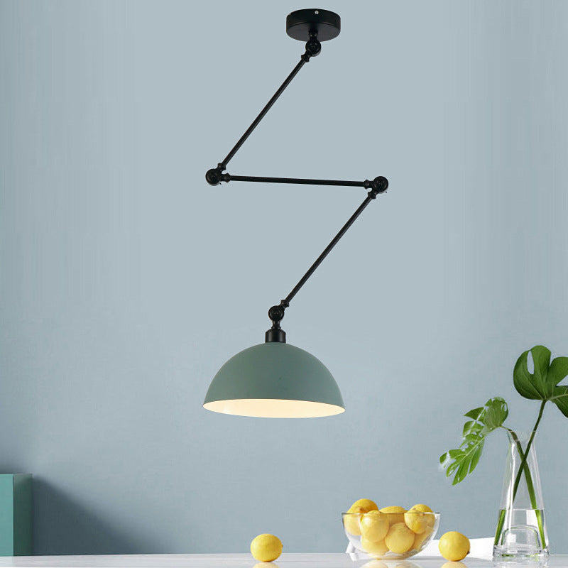 Industrial Style Metal Kitchen Pendant Lamp - Domed, Green/Yellow 1-Light Suspension with Extendable Arm