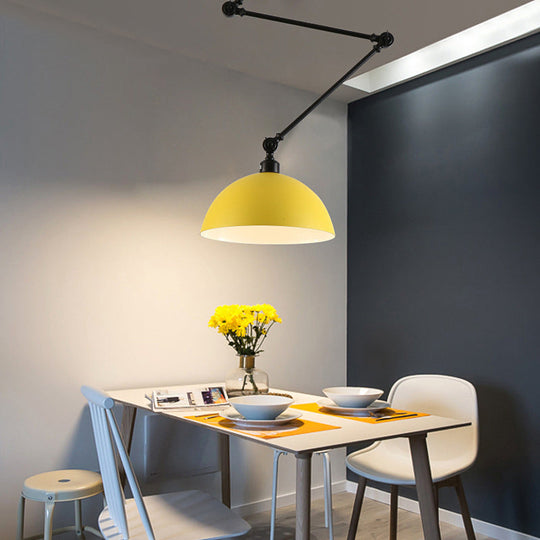 Industrial Style Metal Kitchen Pendant Lamp - Domed, Green/Yellow 1-Light Suspension with Extendable Arm