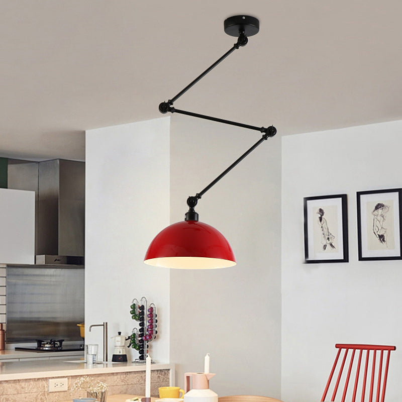 Industrial Style Metal Kitchen Pendant Lamp - Domed, Green/Yellow 1-Light Suspension with Extendable Arm