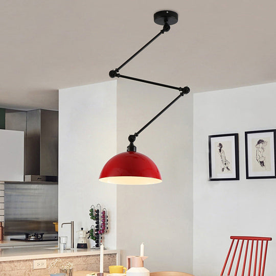 Industrial Style Metal Kitchen Pendant Lamp - Domed, Green/Yellow 1-Light Suspension with Extendable Arm