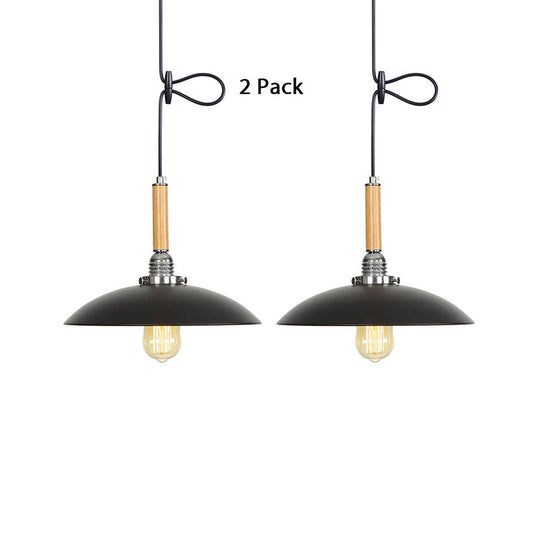 Industrial Black Metal Pendant Light with Hanging Cord - Shallow Round Design in Wood