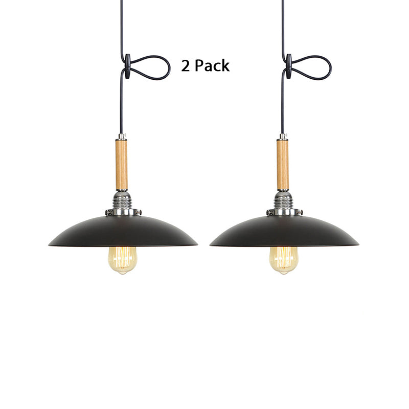 Industrial Black Metal Pendant Light with Hanging Cord - Shallow Round Design in Wood