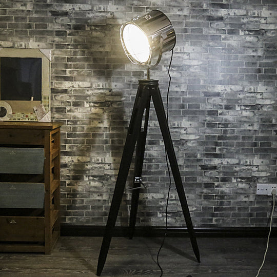 Industrial Loft Tripod Floor Lamp - Studio Spotlight Design - Metal and Wood - Black/White