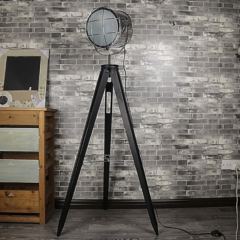 Industrial Loft Tripod Floor Lamp - Studio Spotlight Design - Metal and Wood - Black/White