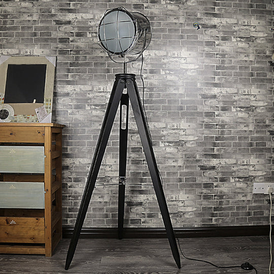 Industrial Loft Tripod Floor Lamp - Studio Spotlight Design - Metal and Wood - Black/White