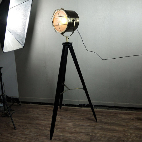 Industrial Loft Tripod Floor Lamp - Studio Spotlight Design - Metal and Wood - Black/White