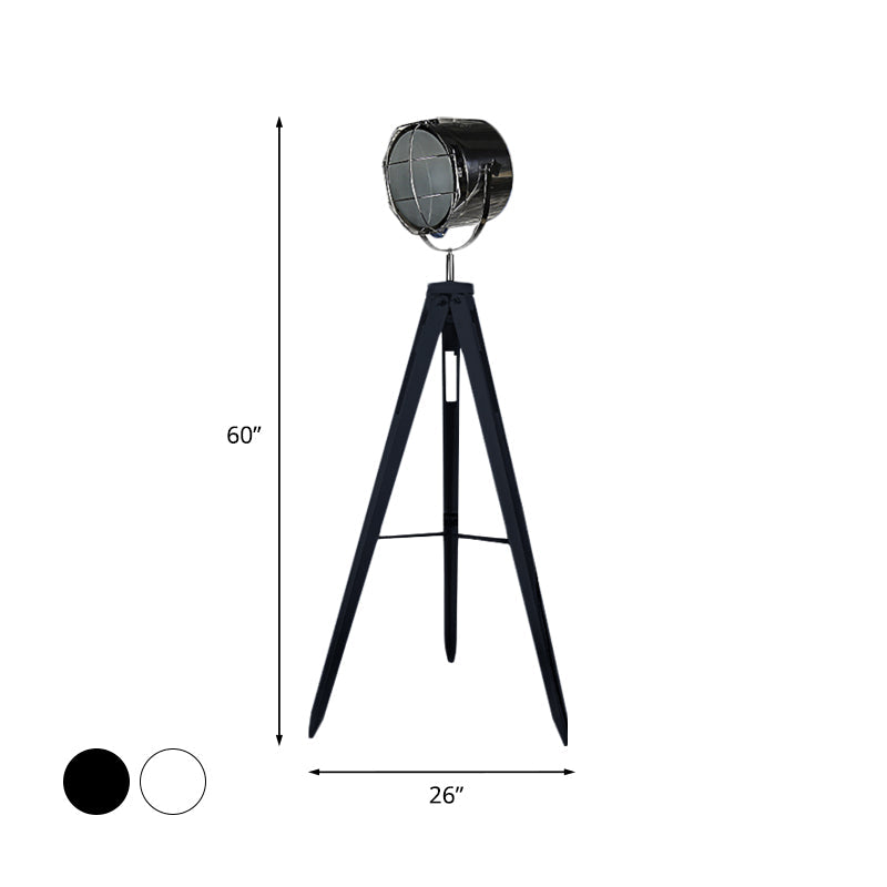 Industrial Loft Tripod Floor Lamp - Studio Spotlight Design - Metal and Wood - Black/White