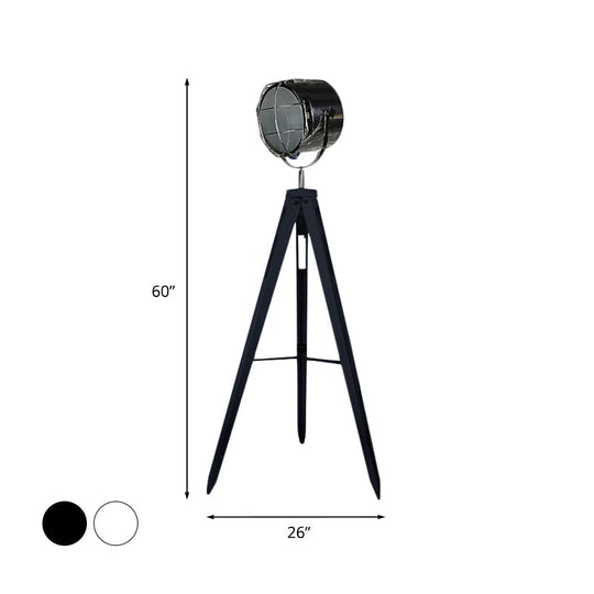 Industrial Loft Tripod Floor Lamp - Studio Spotlight Design - Metal and Wood - Black/White