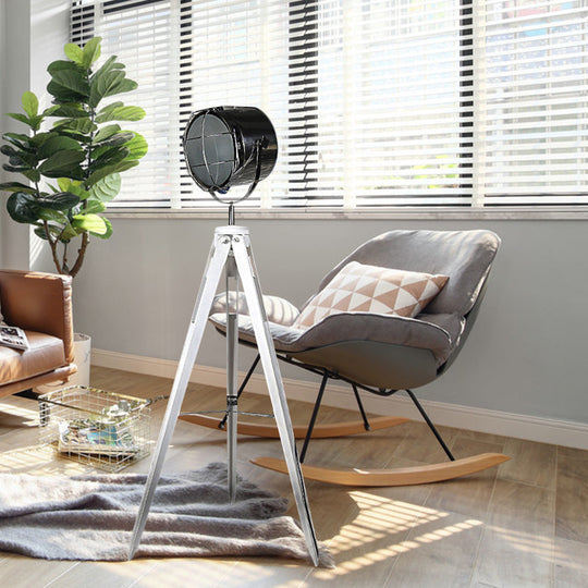 Industrial Loft Tripod Floor Lamp - Studio Spotlight Design - Metal and Wood - Black/White