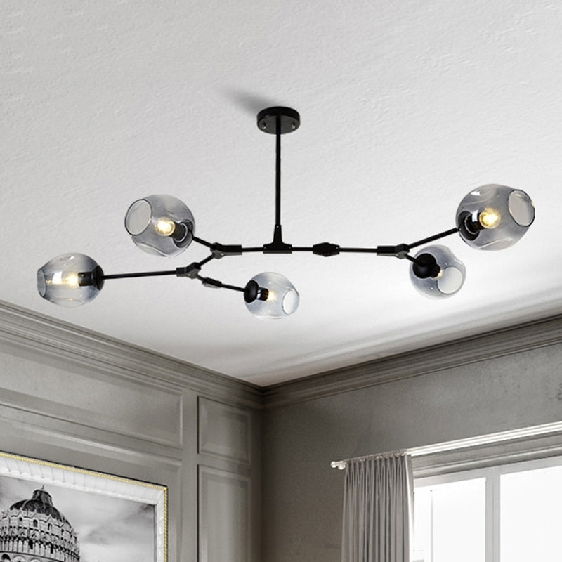 Modern Black/Gold Branch Chandelier Lamp - 5/6 Lights, Smoke Gray/Tan Glass - Dining Room Lighting