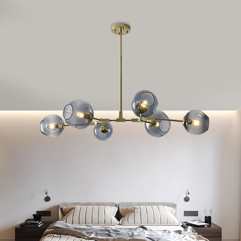 Modern Black/Gold Branch Chandelier Lamp - 5/6 Lights, Smoke Gray/Tan Glass - Dining Room Lighting