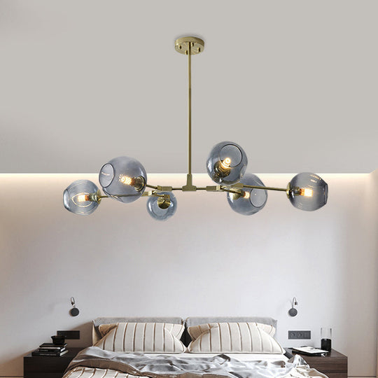 Modern Black/Gold Branch Chandelier Lamp - 5/6 Lights, Smoke Gray/Tan Glass - Dining Room Lighting