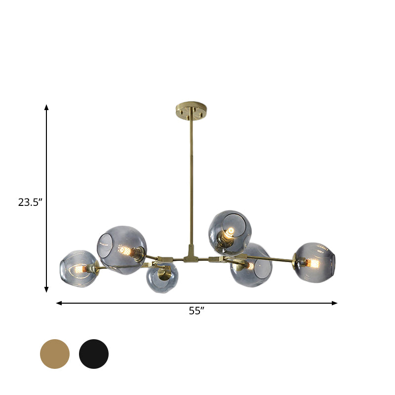 Modern Black/Gold Branch Chandelier Lamp - 5/6 Lights, Smoke Gray/Tan Glass - Dining Room Lighting