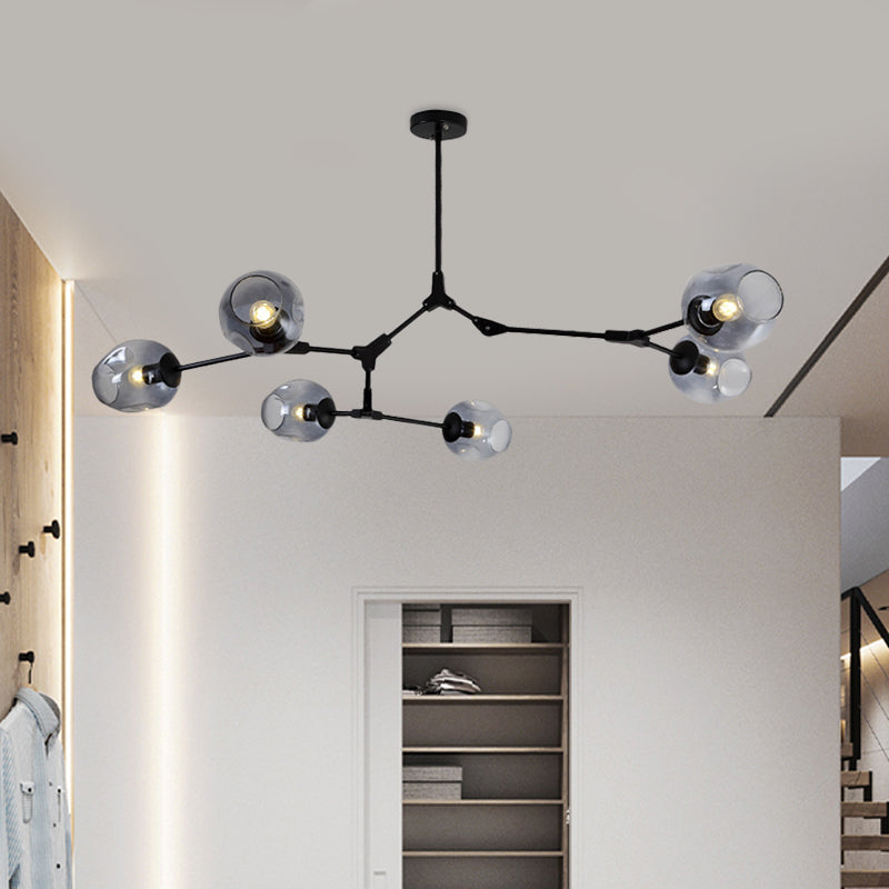 Modern Black/Gold Branch Chandelier Lamp - 5/6 Lights, Smoke Gray/Tan Glass - Dining Room Lighting