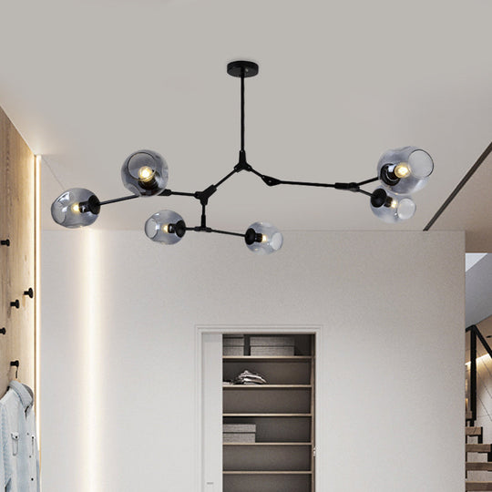 Modern Black/Gold Branch Chandelier Lamp - 5/6 Lights, Smoke Gray/Tan Glass - Dining Room Lighting