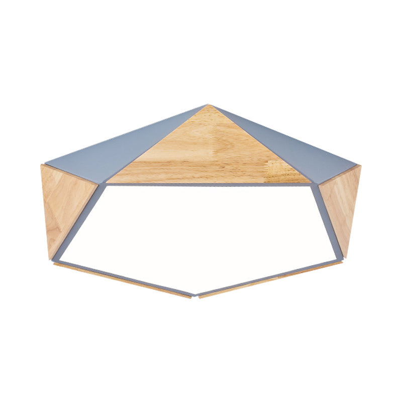 Stylish Wood LED Flush Light for Kids' Bedroom - Pentagon Ceiling Mount Macaron Design