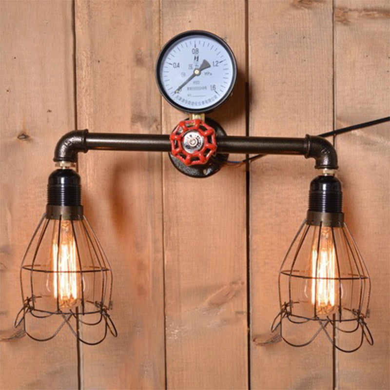 Vintage Black Metal Wall Light with Wire Frame Mount - includes 2 Bulbs and Pressure Gauge Deco
