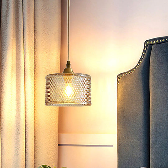 Small Drum Bedside Pendant Light with Simple Latticed Glass and Brass Pendulum