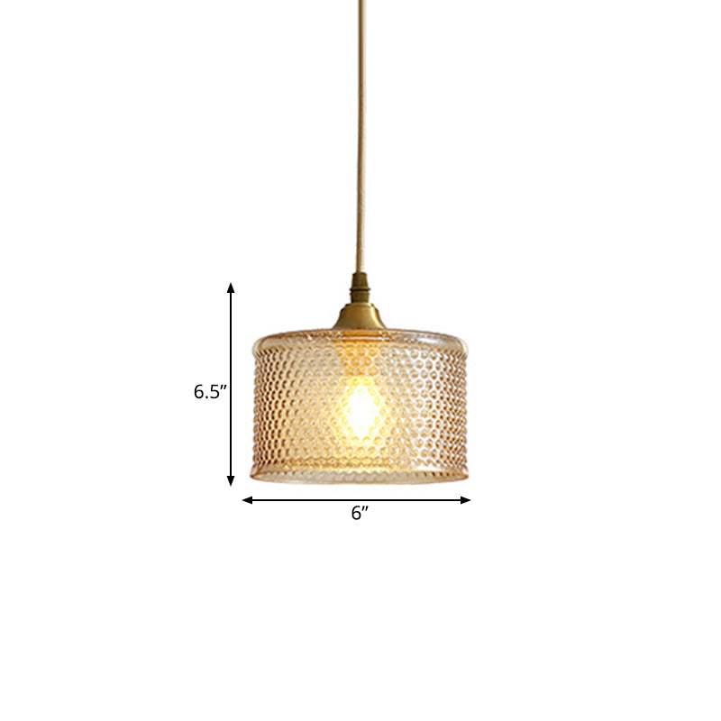 Small Drum Bedside Pendant Light with Simple Latticed Glass and Brass Pendulum