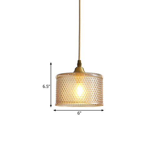 Small Drum Bedside Pendant Light with Simple Latticed Glass and Brass Pendulum