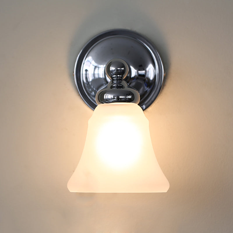 Country Bell White Glass Wall Sconce Light with Silver Accent
