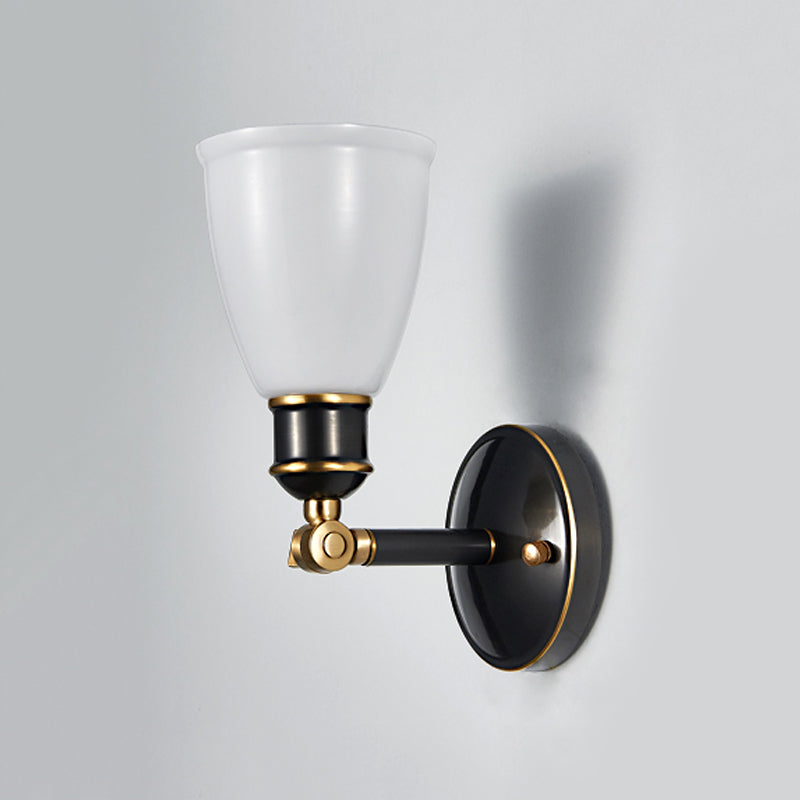 1-Light Tapered White Glass Wall Lighting Fixture - Brass Finish for Rural Bedroom Décor