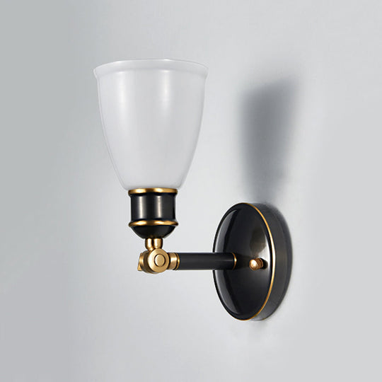 1-Light Tapered White Glass Wall Lighting Fixture - Brass Finish for Rural Bedroom Décor