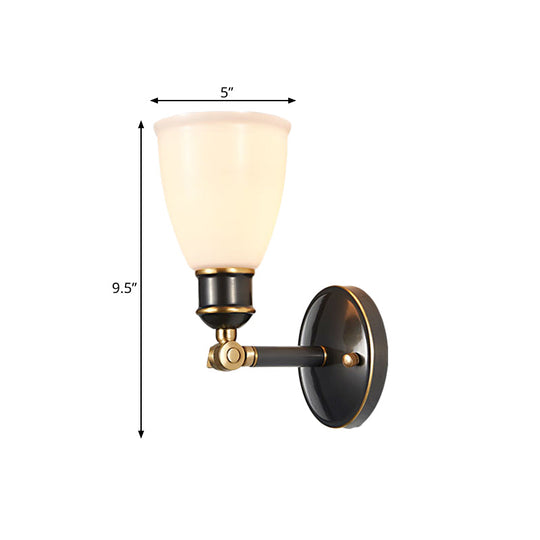 1-Light Tapered White Glass Wall Lighting Fixture - Brass Finish for Rural Bedroom Décor