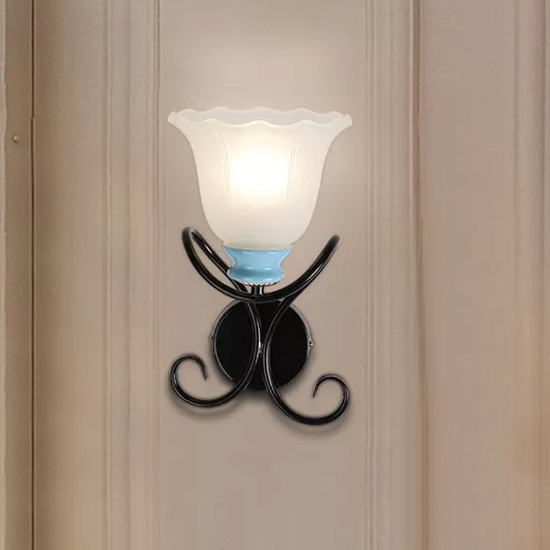 1-Light Frosted Glass Wall Sconce with Twisted Arm - Country Black/Gold Flared Corridor Lighting