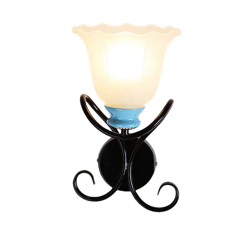 1-Light Frosted Glass Wall Sconce with Twisted Arm - Country Black/Gold Flared Corridor Lighting