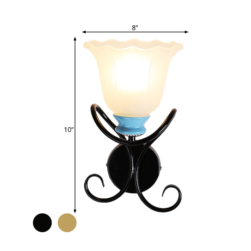 1-Light Frosted Glass Wall Sconce with Twisted Arm - Country Black/Gold Flared Corridor Lighting