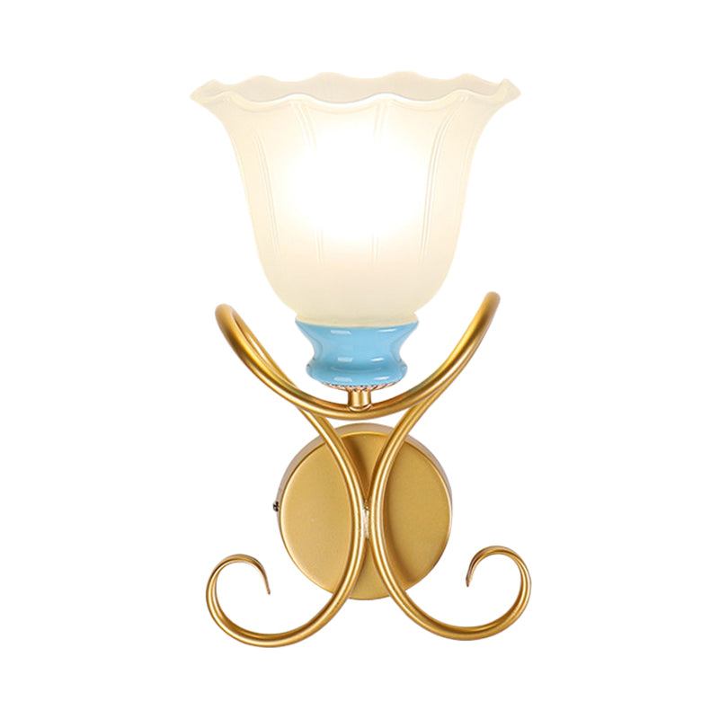 1-Light Frosted Glass Wall Sconce with Twisted Arm - Country Black/Gold Flared Corridor Lighting
