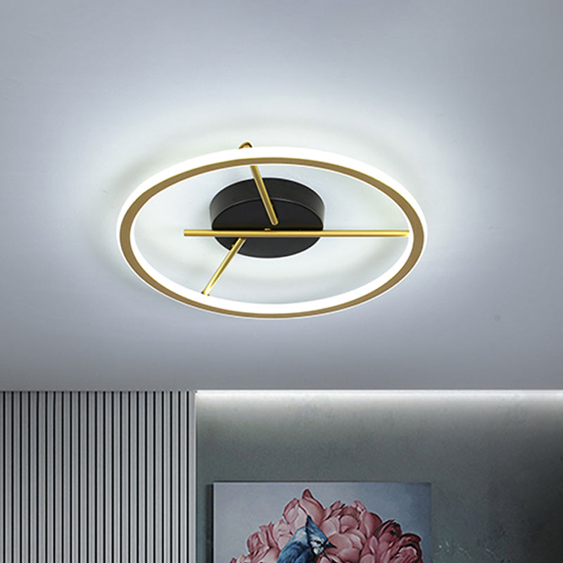 Minimalistic Aluminum Gold LED Flushmount Ceiling Light with Twig Arm - Thin Hoop, Warm/White Light, Dia 16"/19.5