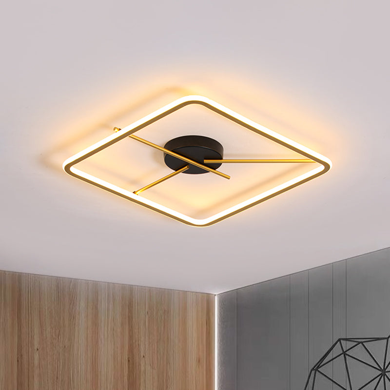 Minimalist Aluminum Flush Mount Ceiling Light with Square Black-Gold Frame and Rod Fixture Arm - Warm/White LED