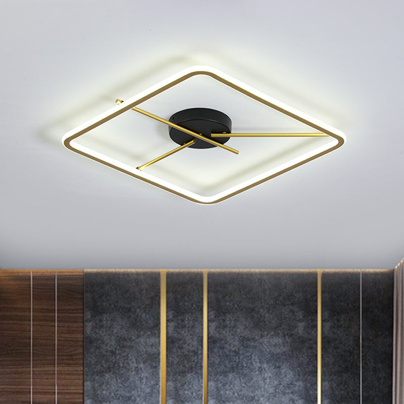 Minimalist Aluminum Flush Mount Ceiling Light with Square Black-Gold Frame and Rod Fixture Arm - Warm/White LED
