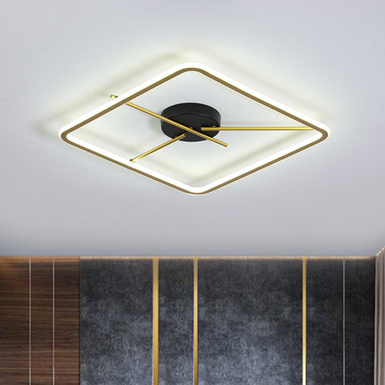 Minimalist Aluminum Flush Mount Ceiling Light with Square Black-Gold Frame and Rod Fixture Arm - Warm/White LED