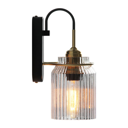 Prismatic Glass Can Sconce Farmhouse Wall Mount Light with Bedside Bulb in Black