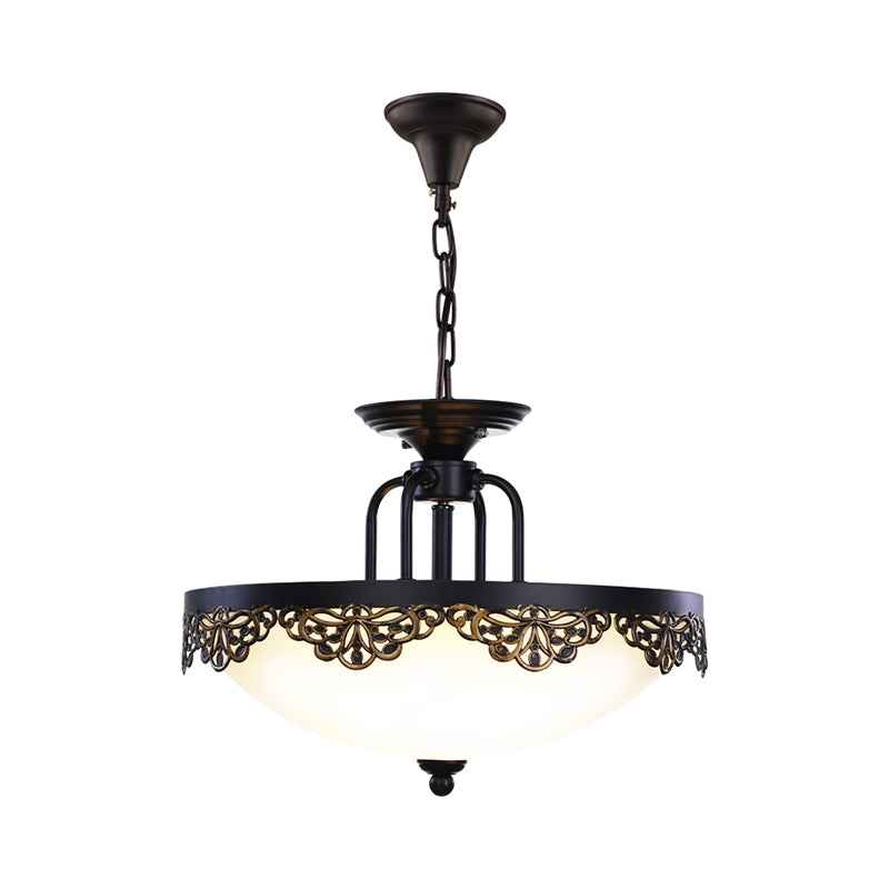 Countryside Black Finish Hanging Chandelier with Opal Glass Dome - 2 Bulbs Pendant Light Fixture