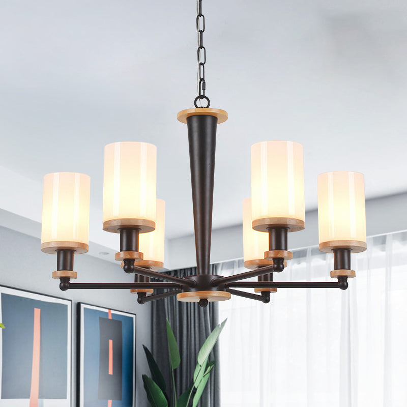 Classic Cylindrical Pendant Chandelier with White Glass, Available in 3/5/6 Heads, Black Finish