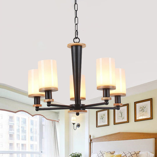 Classic Cylindrical Pendant Chandelier with White Glass, Available in 3/5/6 Heads, Black Finish