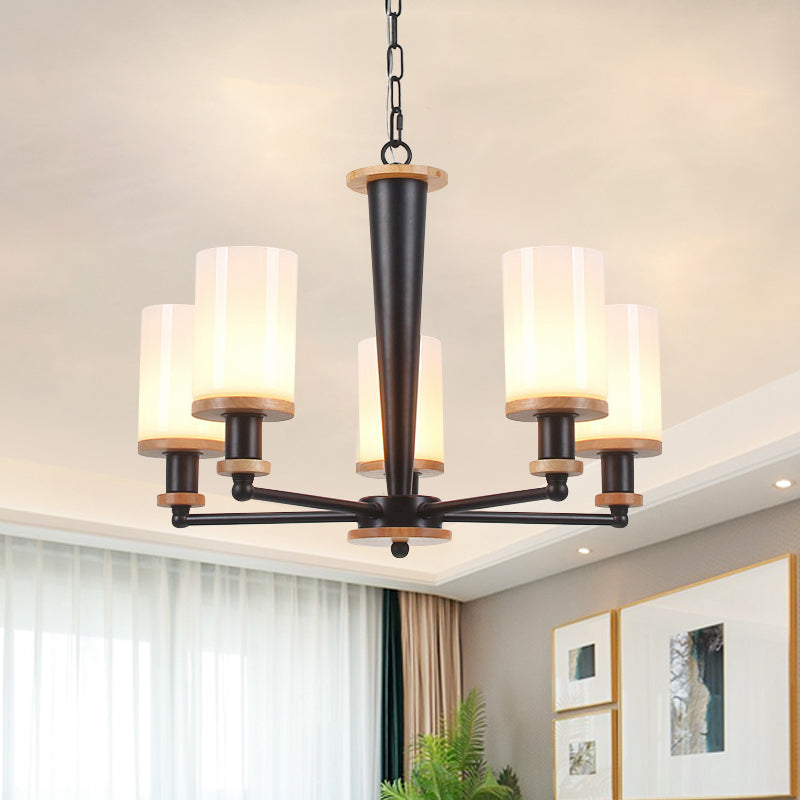 Classic Cylindrical Pendant Chandelier with White Glass, Available in 3/5/6 Heads, Black Finish