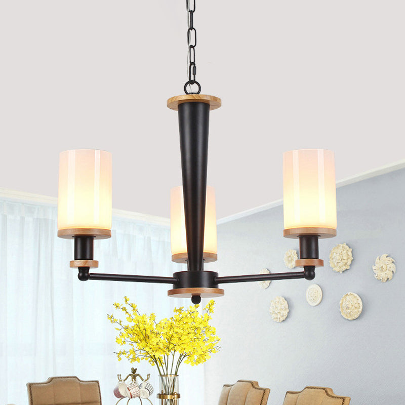 Classic Cylindrical Pendant Chandelier with White Glass, Available in 3/5/6 Heads, Black Finish
