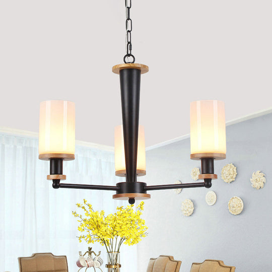 Classic Cylindrical Pendant Chandelier with White Glass, Available in 3/5/6 Heads, Black Finish
