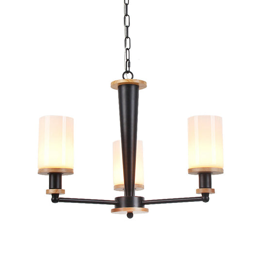 Classic Cylindrical Pendant Chandelier with White Glass, Available in 3/5/6 Heads, Black Finish