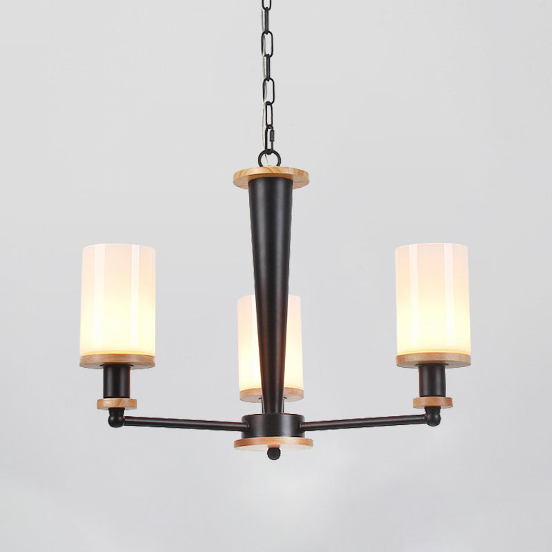 Classic Cylindrical Pendant Chandelier with White Glass, Available in 3/5/6 Heads, Black Finish