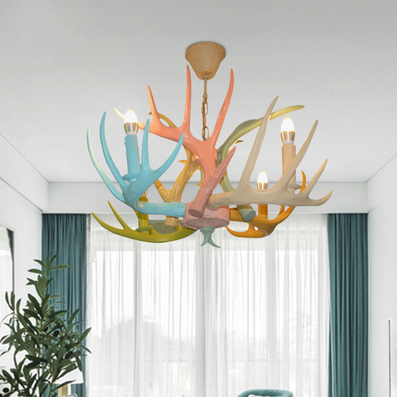 Antler Macaron Ceiling Chandelier - Resin, 4/6 Bulbs, Child Room Lighting in Blue-Pink-Yellow
